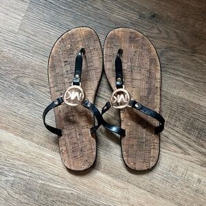 Michael Kors Black with Gold Logo Flat Slip On Sandals Size 9